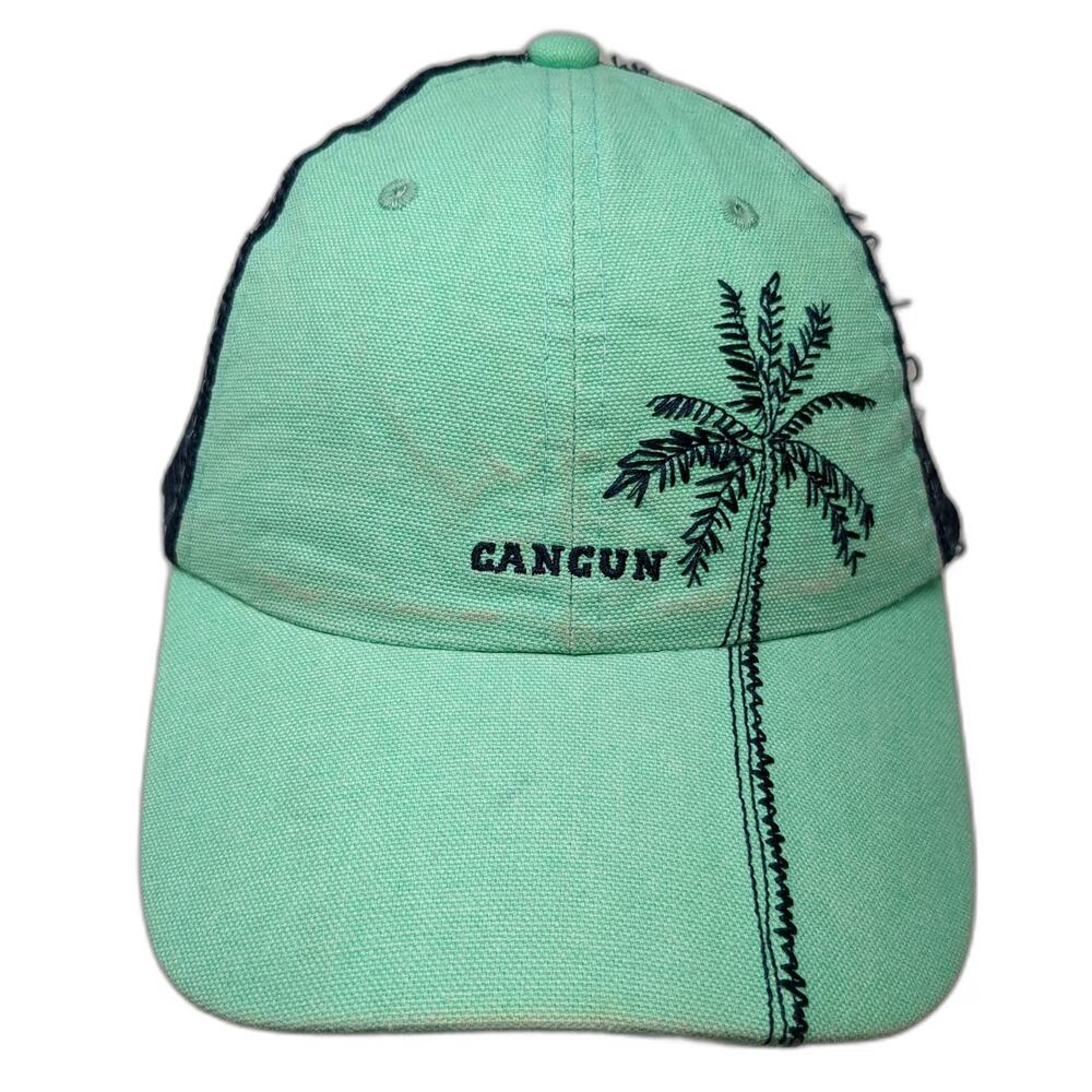 Caribbean Side Trucker Hat Blue One Size Cancun Mexico Palm Tree Mesh Snapback